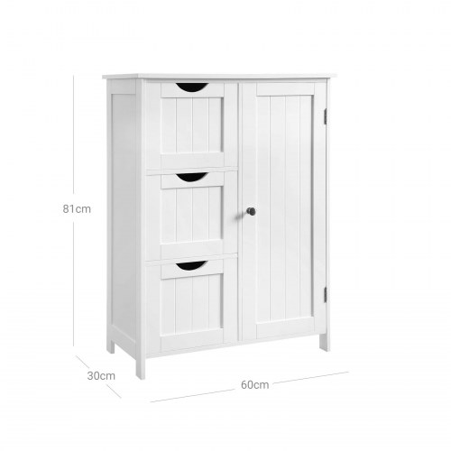 Opbevaringsskab til badeværelse gulvskab med 3 store skuffer og justerbar hylde, 60 × 30 × 81 cm, hvid