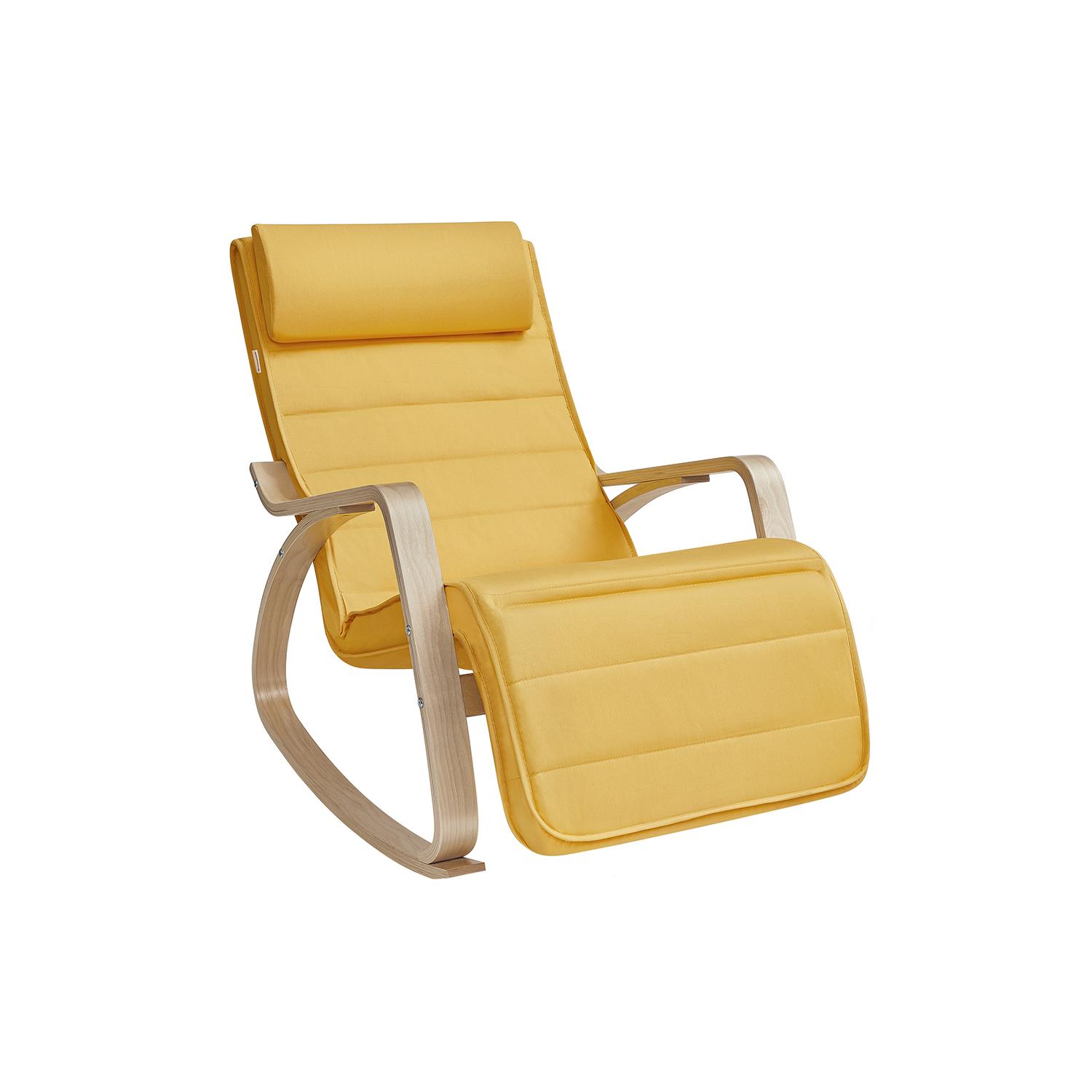Gyngestol med armlæn – SONGMICS, birketræ, 5-trins fodstøtte, 150 kg, pastelgul/natur