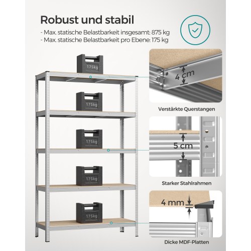 Reol til garage stålhylle med 5 niveauer, 60 × 120 × 200 cm, sølv