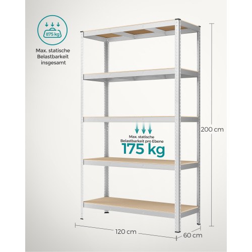 Reol til garage stålhylle med 5 niveauer, 60 × 120 × 200 cm, sølv