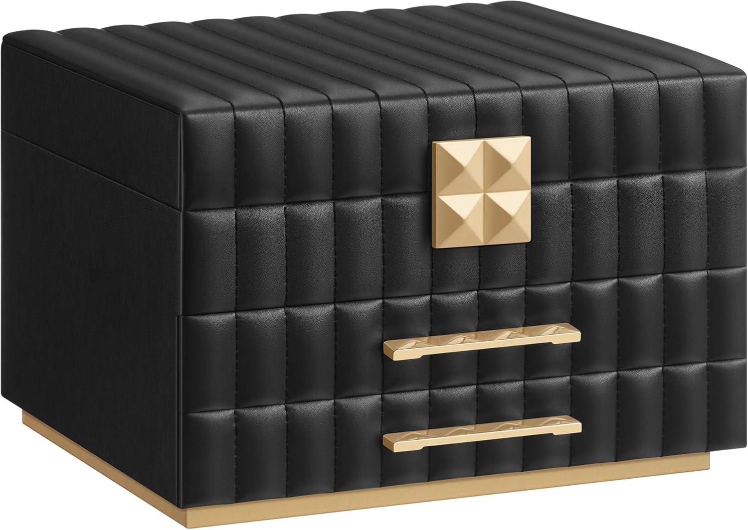 Smykkeskrin med spejl – SONGMICS HOME ANAH, 3 niveauer, 2 skuffer, PU med quilt-syninger, 21,5 × 24 × 15,8 cm, Ink Black