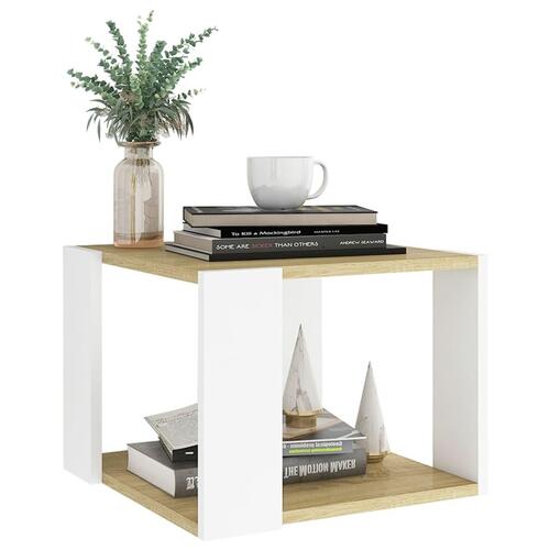 Sofabord 40x40x30 cm spånplade hvid og sonoma-eg