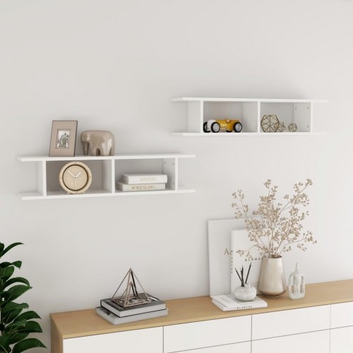 Væghylder 2 stk. 90x18x20 cm konstrueret træ hvid højglans