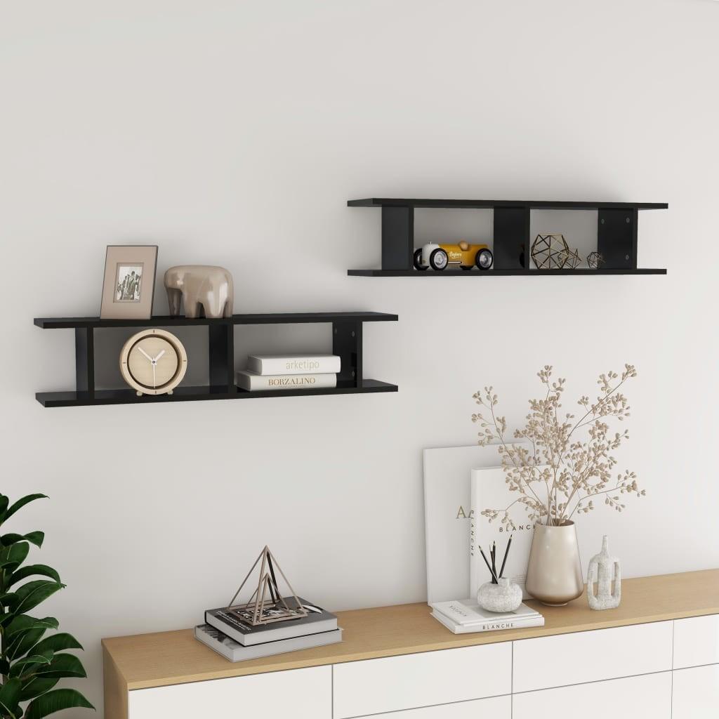 Væghylder 2 stk. 90x18x20 cm konstrueret træ sort højglans