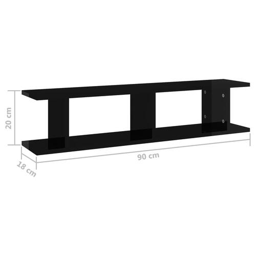 Væghylder 2 stk. 90x18x20 cm konstrueret træ sort højglans