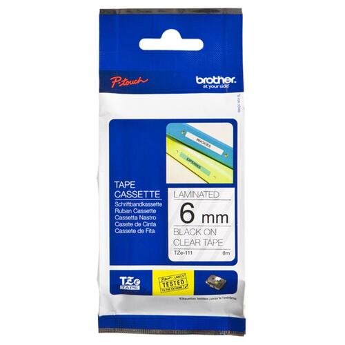 Etikettape Brother TZe-111 lamineret - 6 mm, sort på klar, 8 m