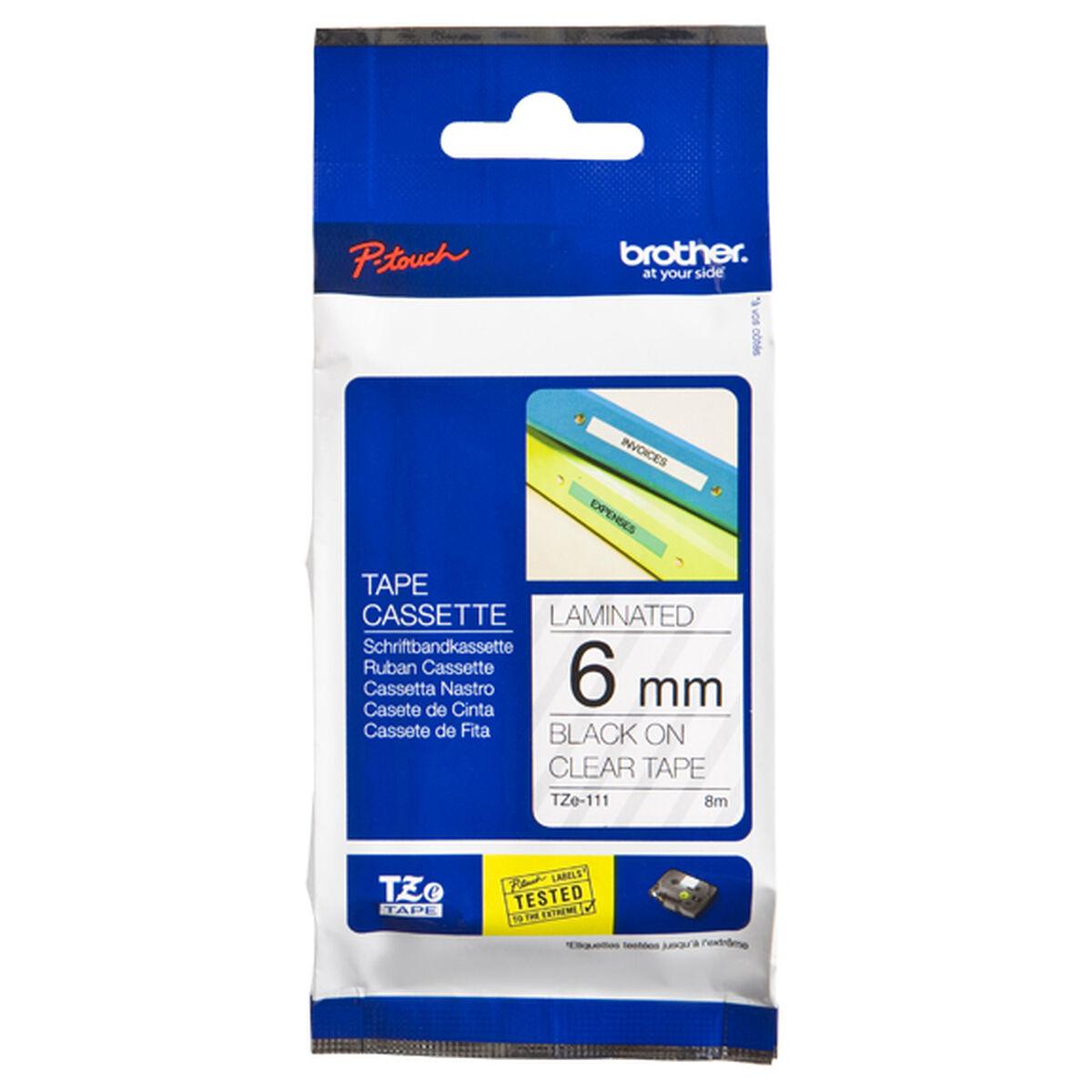 Etikettape Brother TZe-111 lamineret - 6 mm, sort på klar, 8 m