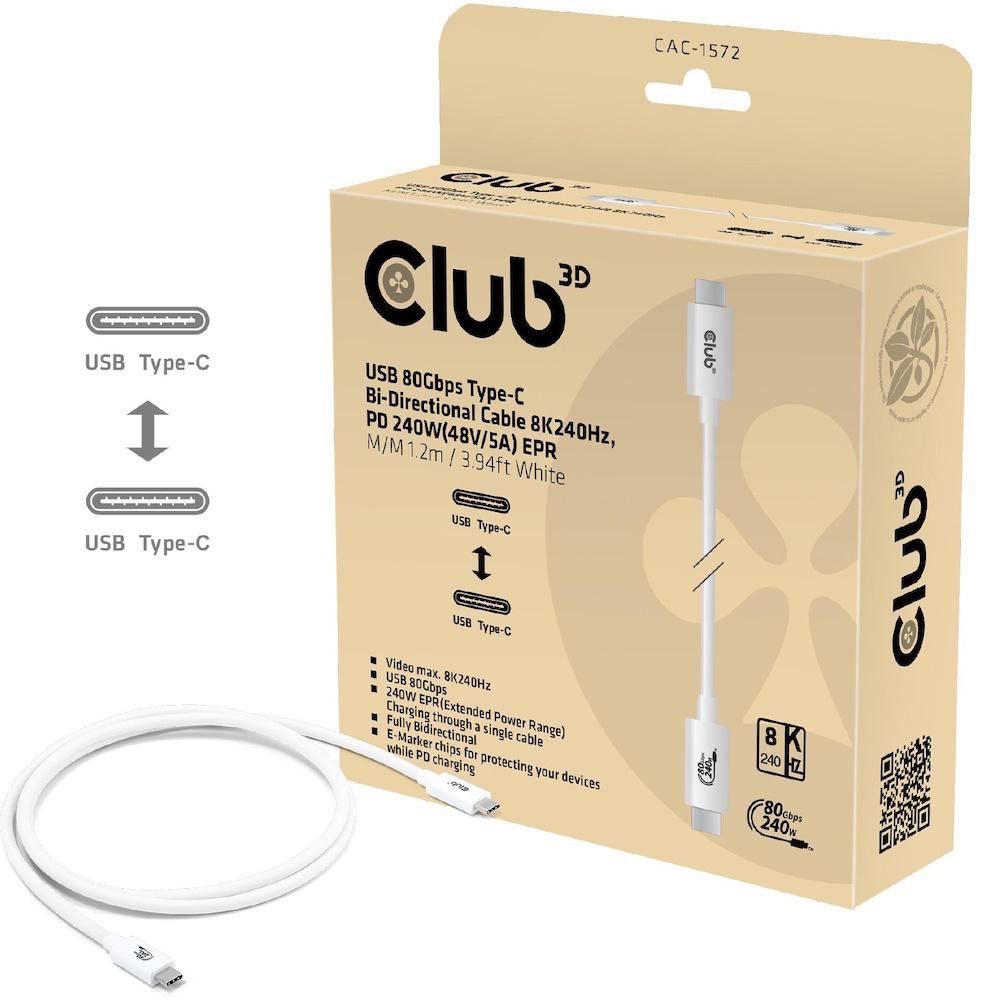 USB-C kabel Club3D USB4 80 Gbps 1,2 m 240 W 8K240Hz - Hvid billede