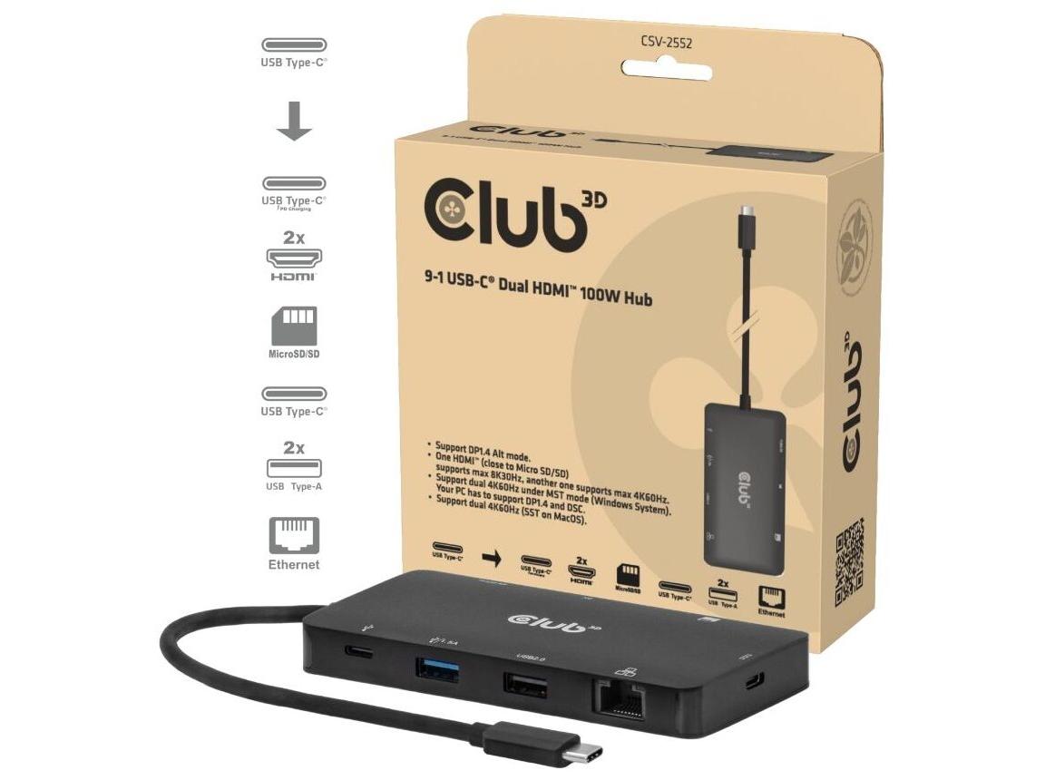 USB-C dockingstation Club 3D CSV-2552 9?i?1 med dual HDMI og 100 W