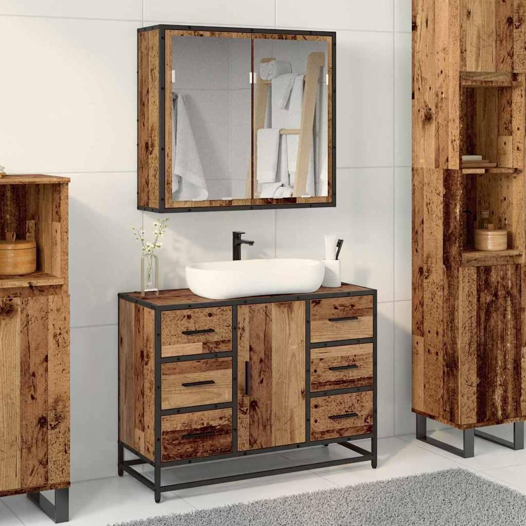 Badeværelsesmøbel sæt med dør 2 stk Gammelt træ 80 x 33 x 60 cm