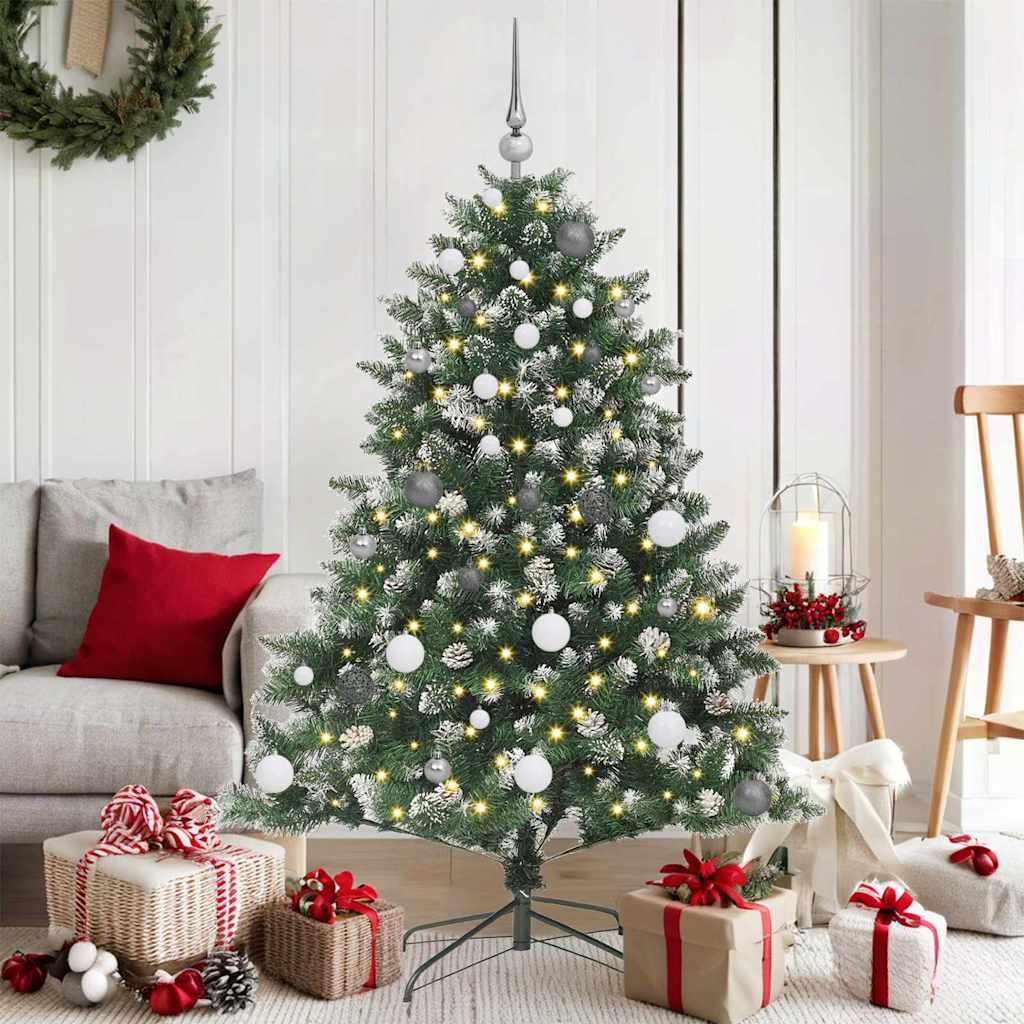 Kunstigt juletræ 150 cm - grøn med LED-lys, kugler og kogler, PVC/stål, USB billede