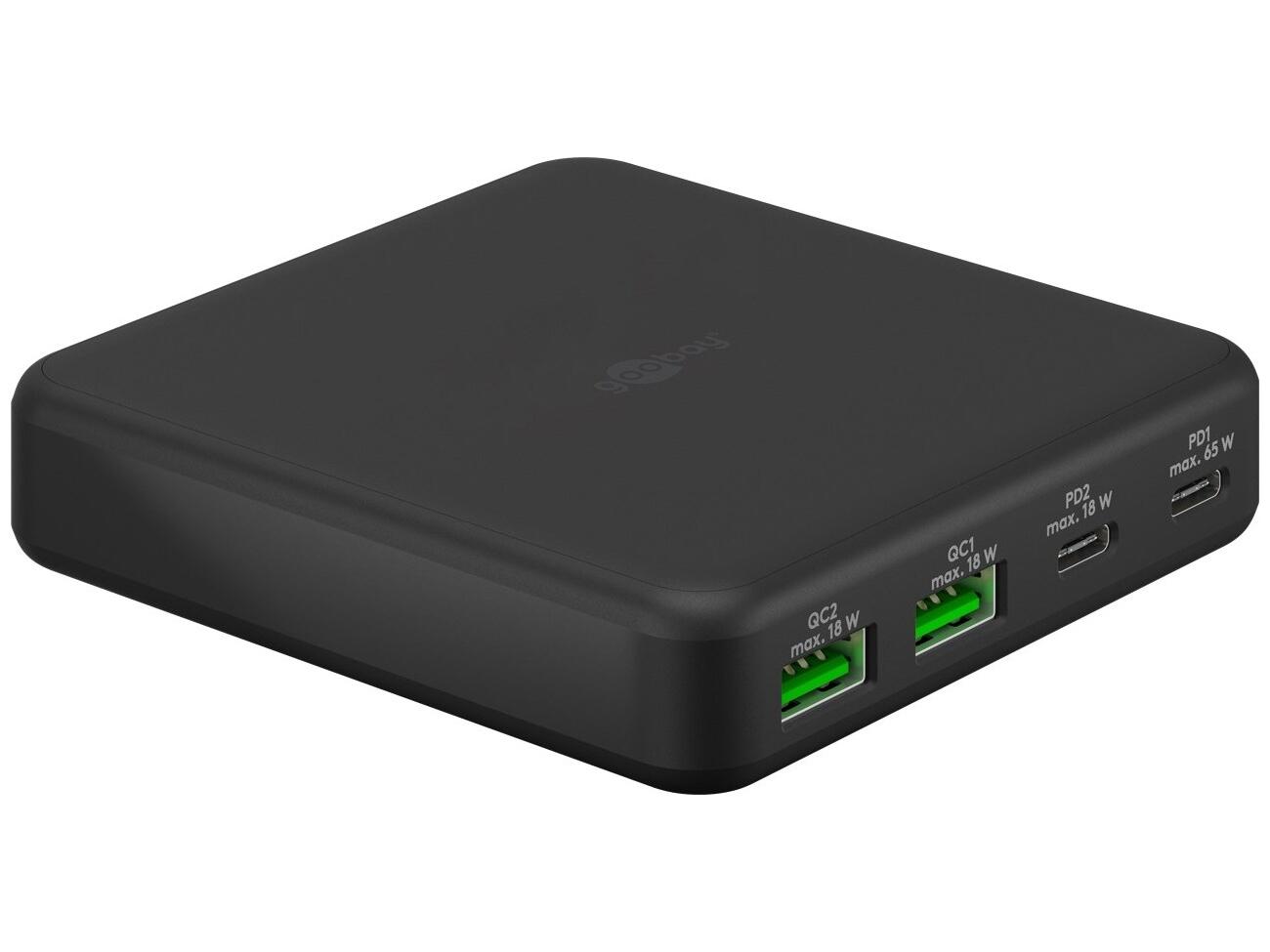 USB oplader med GaN 65 W - Goobay, 4 porte, PD, sort