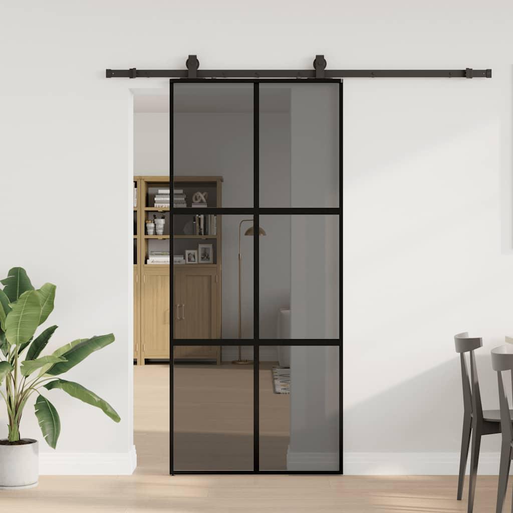 Skydedør med hardwaresæt 90x205 cm hærdet glas sort billede
