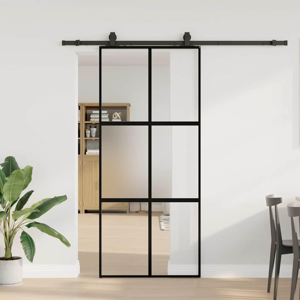 Skydedør med hardwaresæt 90x205 cm hærdet glas sort billede