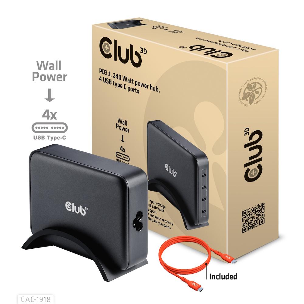 Oplader GaN 240 W med 4x USB-C PD - Club3D (sort) billede