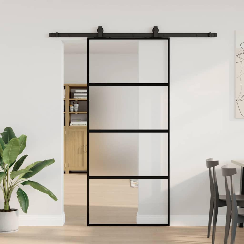 Skydedør med hardwaresæt 90x205 cm hærdet glas sort billede