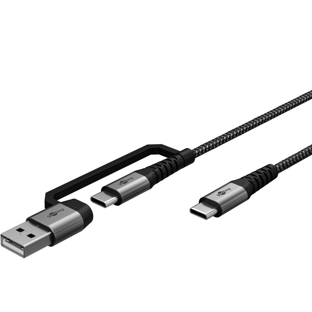 Goobay 2in1 USB tekstilkabel space grey/silver 2 m - ekstra robust USB-C-opladerkabel med (70278)