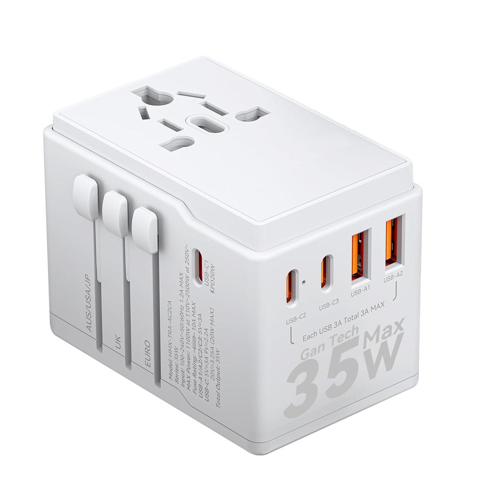 Rejseadapter universal 35 W GaN - Dudao A35Pro, 3×USB-C + 2×USB-A, hvid billede