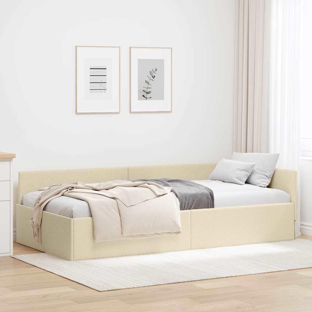 Hjørnesengramme Creme 90 x 190 cm Stof og Ingeniørtræ billede