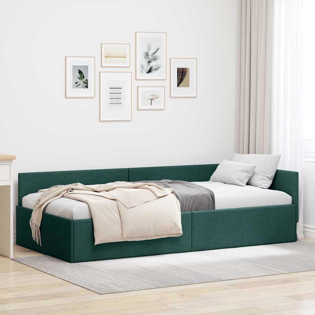 Hjørnesengramme Mørkegrøn 90 x 190 cm Stof og Ingeniørtræ billede