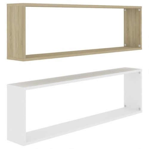 Væghylder 2stk. 100x15x30cm kube konstrueret træ hvid sonoma-eg