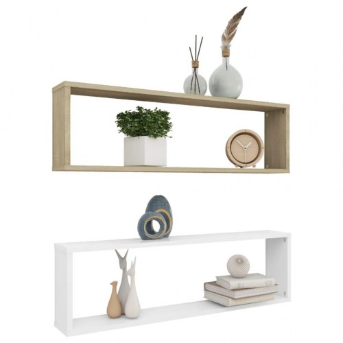 Væghylder 2stk. 100x15x30cm kube konstrueret træ hvid sonoma-eg