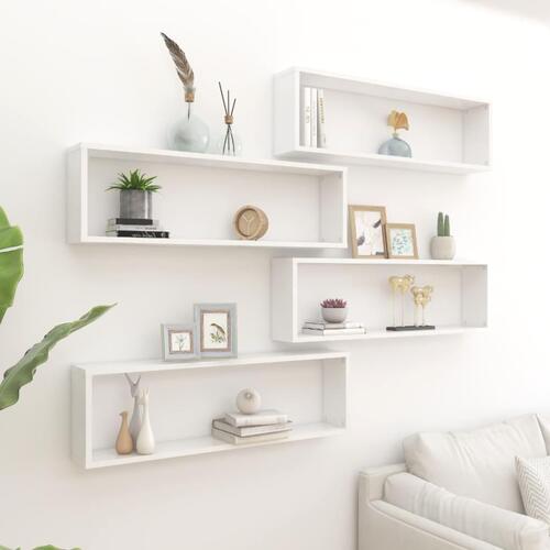Væghylder 4 stk. 100x15x30 cm kubeform spånplade hvid højglans