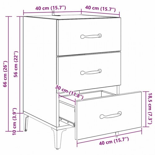 Sengebord i sort eg med 3 skuffer - 40 x 40,5 x 66 cm
