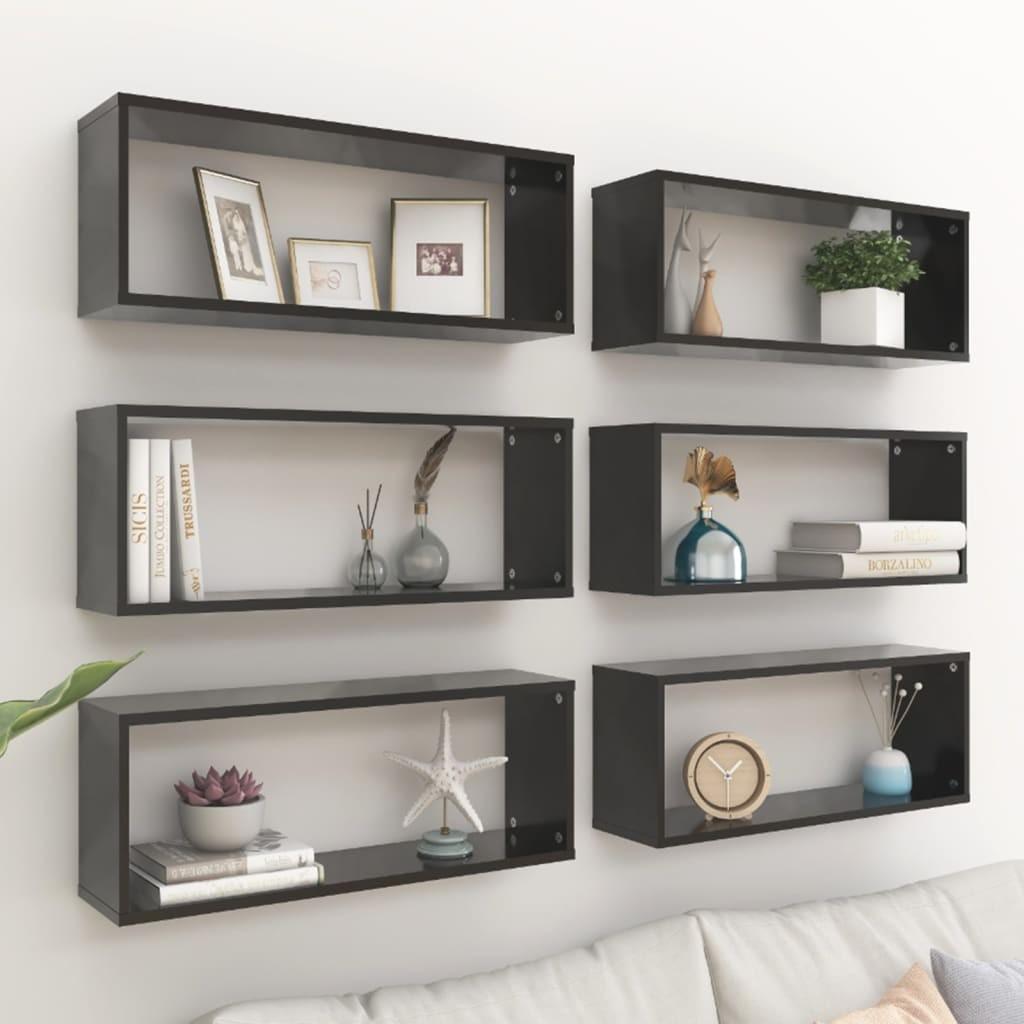 Væghylder 6 stk. 60x15x23 cm kubeformet konstrueret træ sort