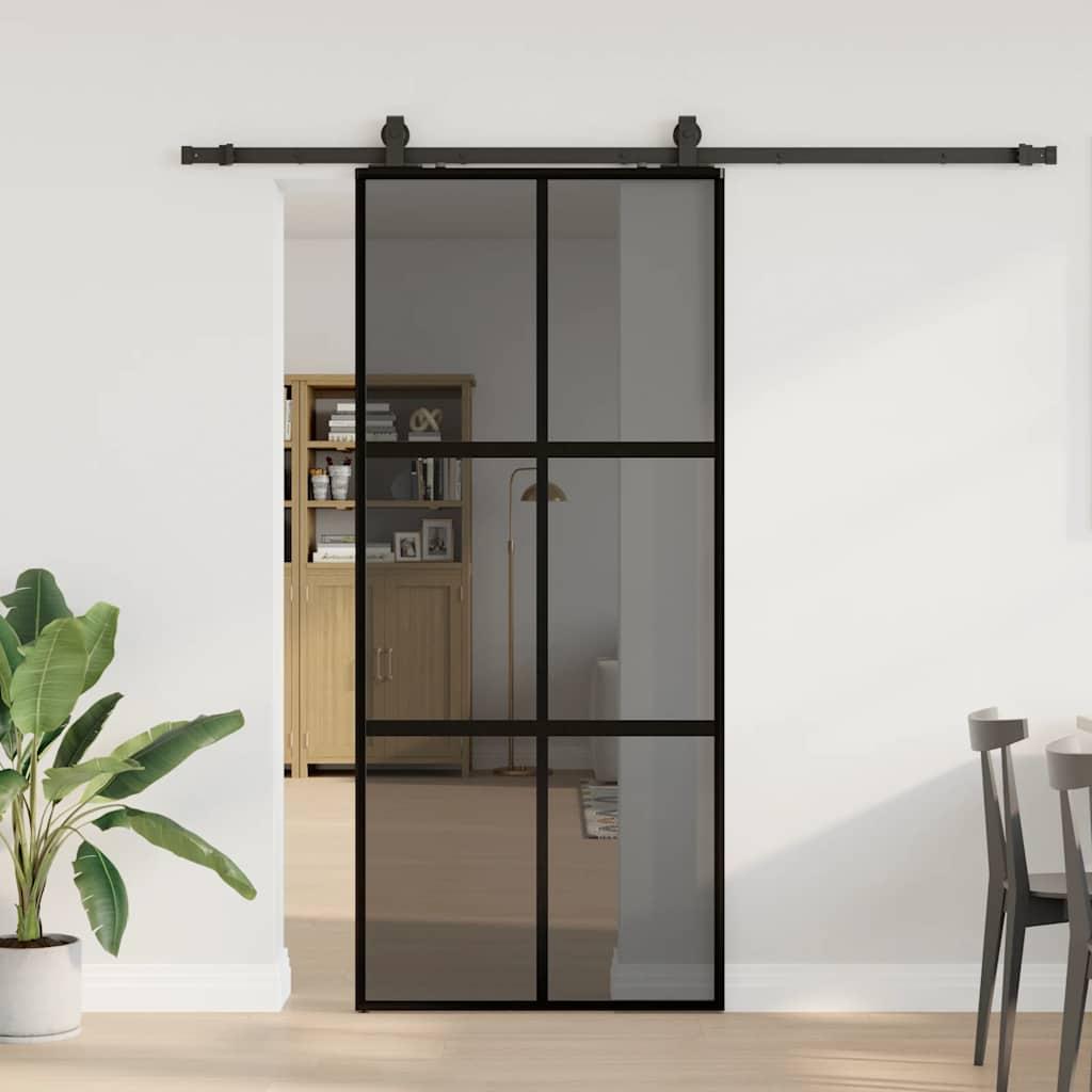 Skydedør 90×205 cm i hærdet glas - sort ramme inkl. hardwaresæt billede