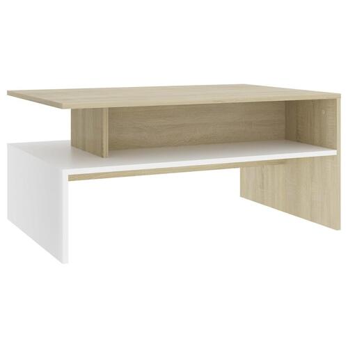 Sofabord 90x60x42,5 cm konstrueret træ hvid og sonoma-eg