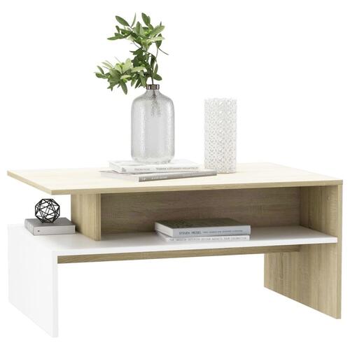 Sofabord 90x60x42,5 cm konstrueret træ hvid og sonoma-eg