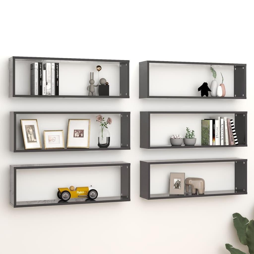 Væghylder 6 stk. 80x15x26,5 cm kubeform konstrueret træ grå