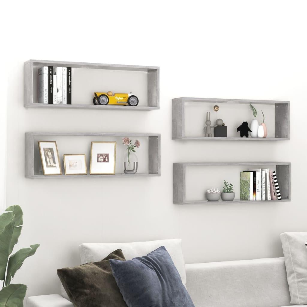 Væghylder 4 stk. 80x15x26,5 cm spånplade kubeform betongrå