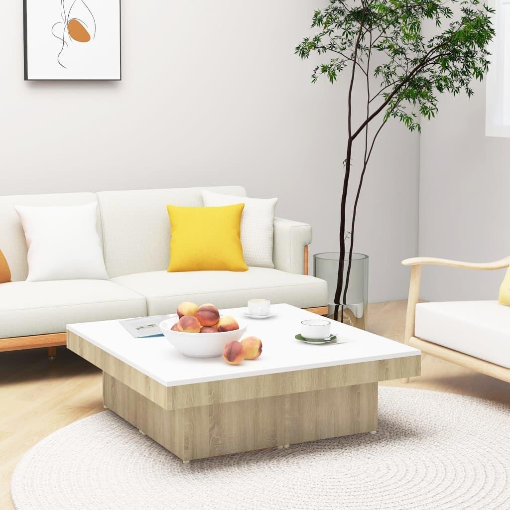 Sofabord 90x90x28 cm spånplade hvid og sonoma-eg