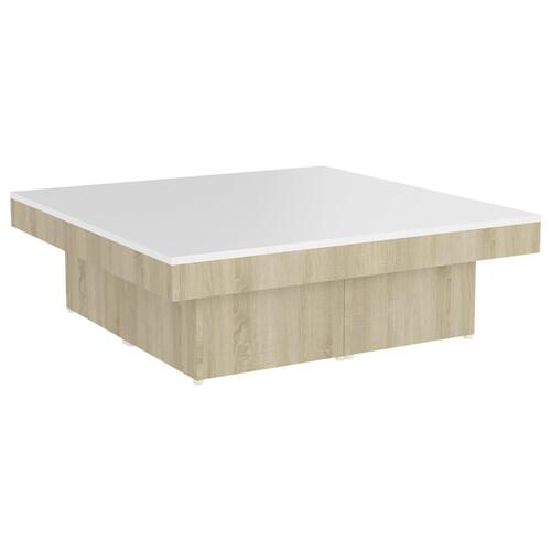 Sofabord 90x90x28 cm spånplade hvid og sonoma-eg