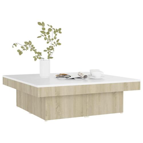 Sofabord 90x90x28 cm spånplade hvid og sonoma-eg