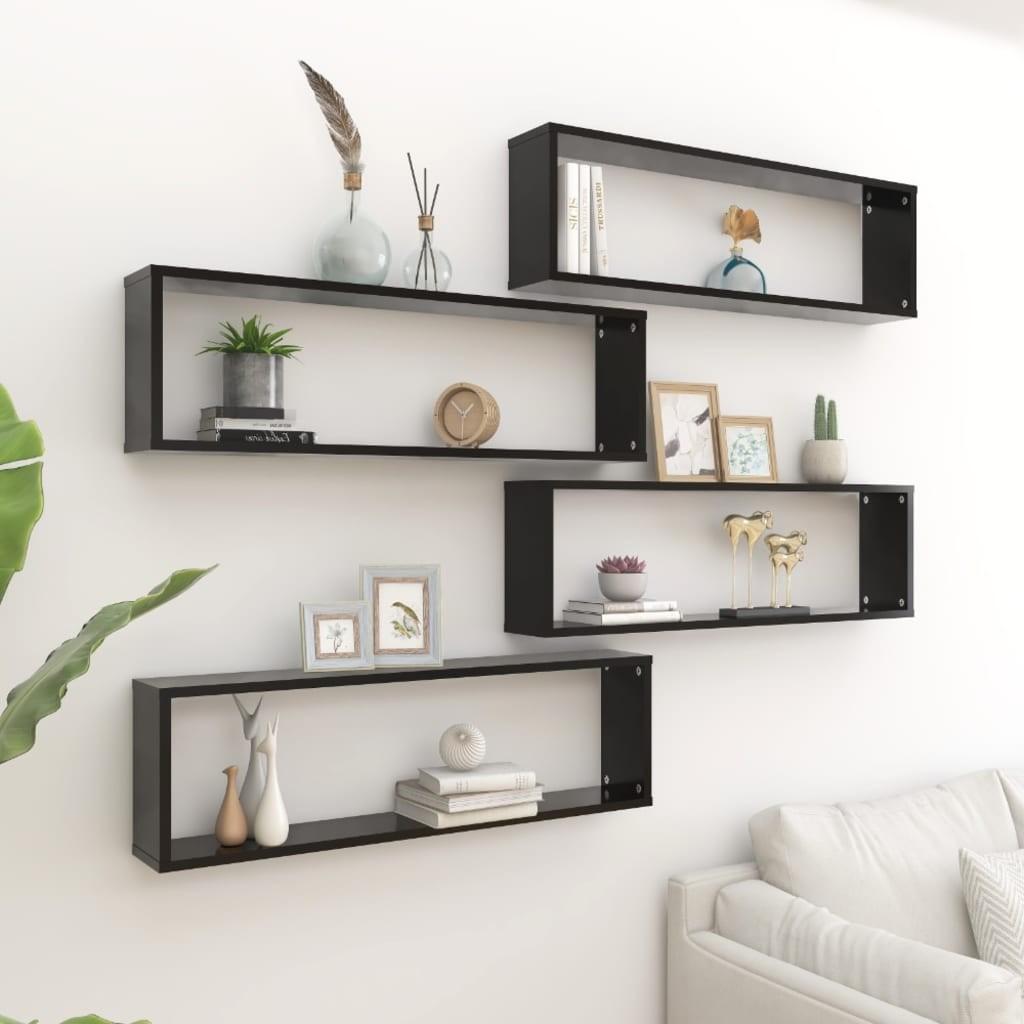 Væghængte kubehylder 4 stk. 100x15x30 cm konstrueret træ sort