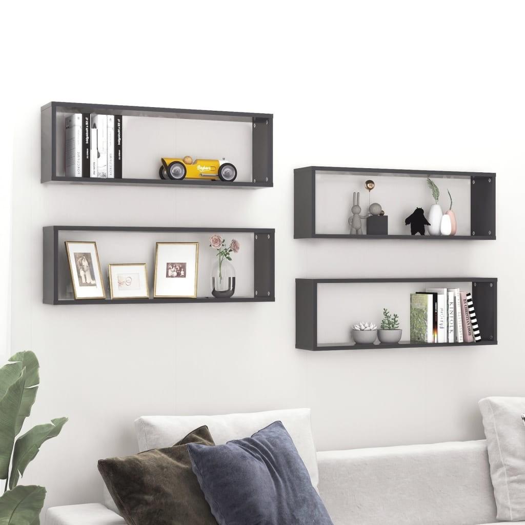 Væghylder 4 stk. 80x15x26,5 cm kubeform konstrueret træ grå