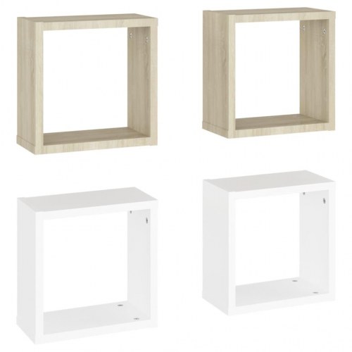Væghylder 4 stk. 30x15x30 cm kubeformet hvid og sonoma-eg
