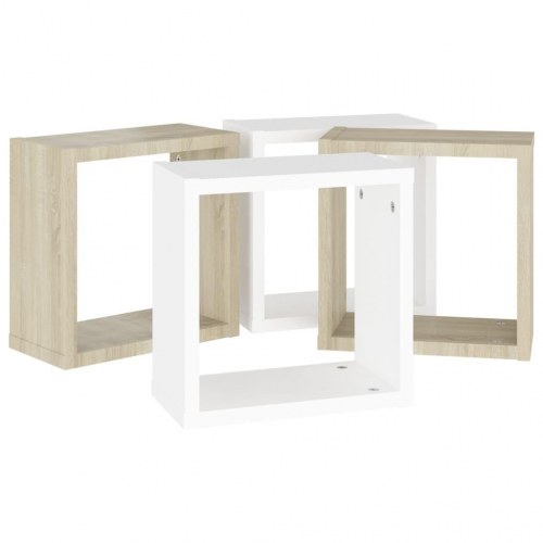 Væghylder 4 stk. 30x15x30 cm kubeformet hvid og sonoma-eg