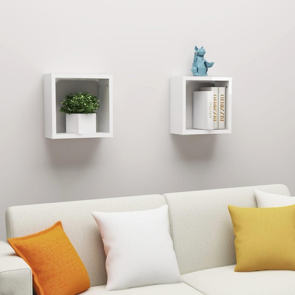 Væghylder 2 stk. 30x15x30 cm kubeformet hvid højglans