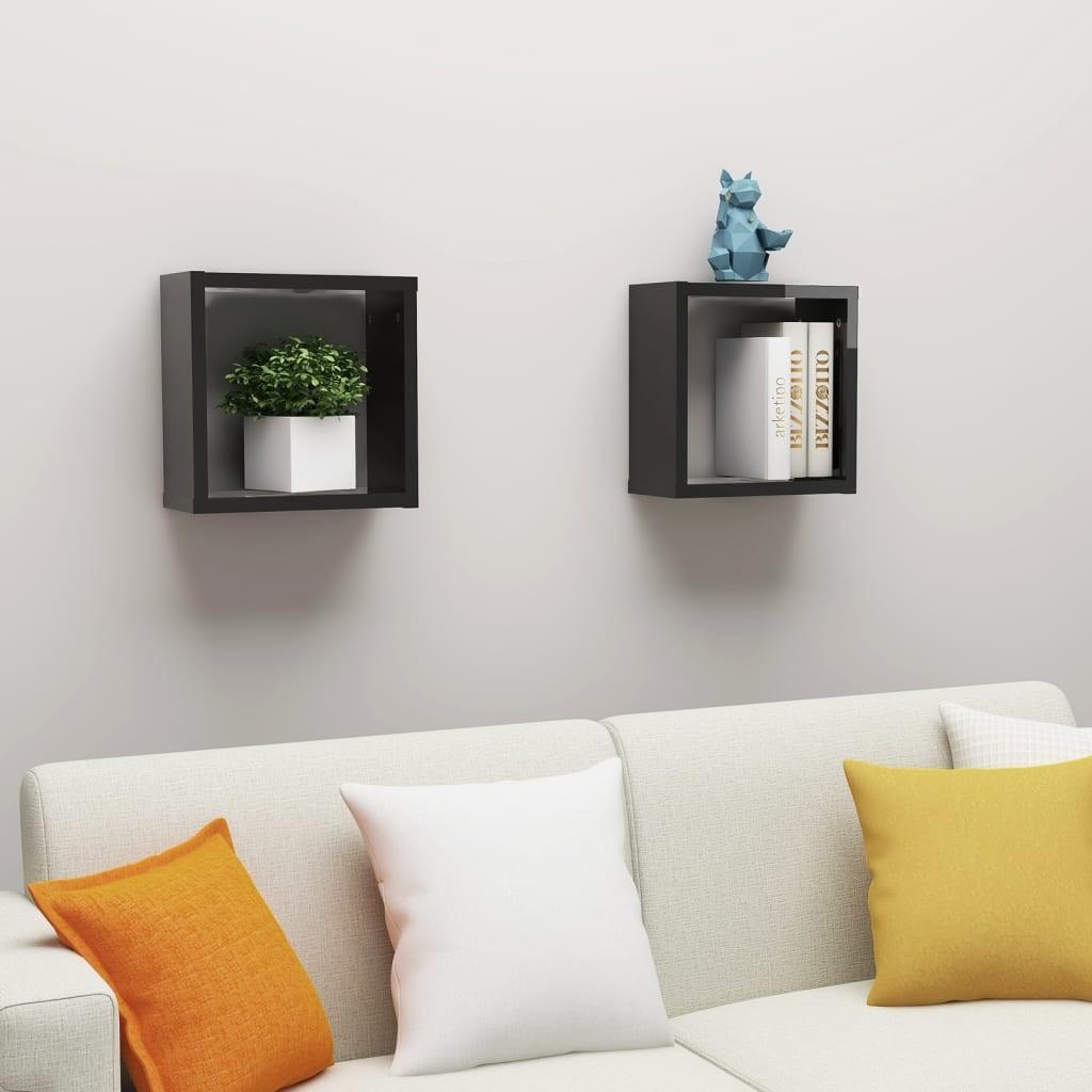 Væghylder 2 stk. 30x15x30 cm kubeformet sort højglans