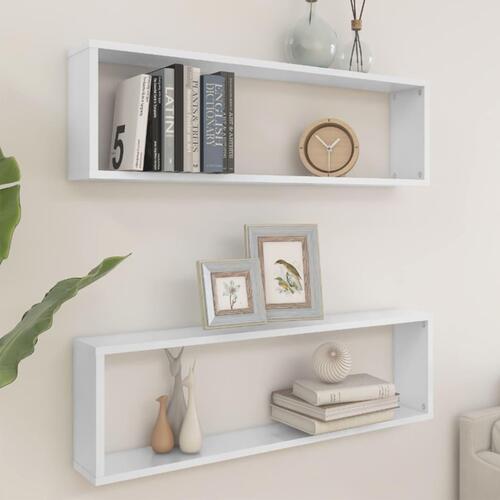 Væghylder 2 stk. 100x15x30 cm kubeform spånplade hvid højglans