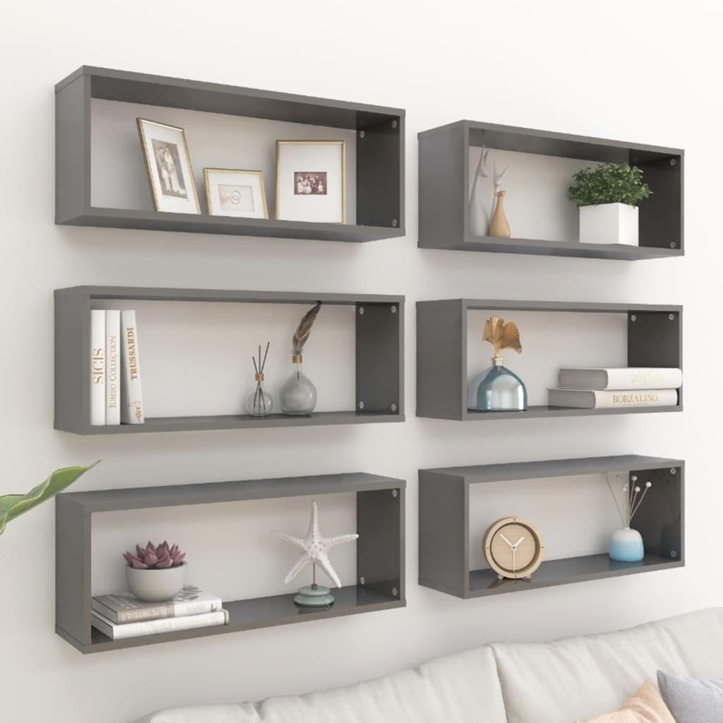 Væghylder 6 stk. 60x15x23 cm kubeformet grå højglans