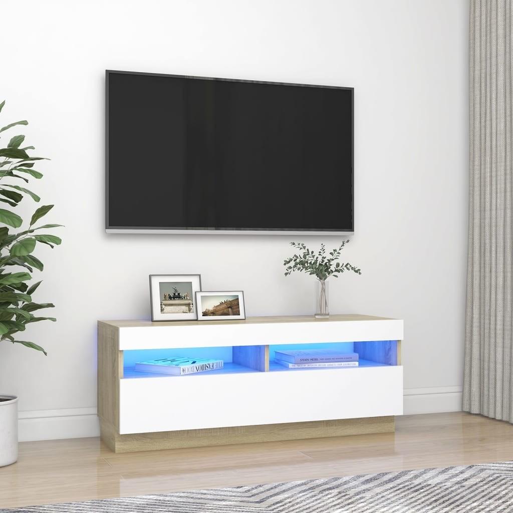 Tv-bord med LED-lys 100x35x40 cm hvid og sonoma-eg