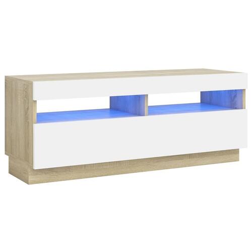 Tv-bord med LED-lys 100x35x40 cm hvid og sonoma-eg