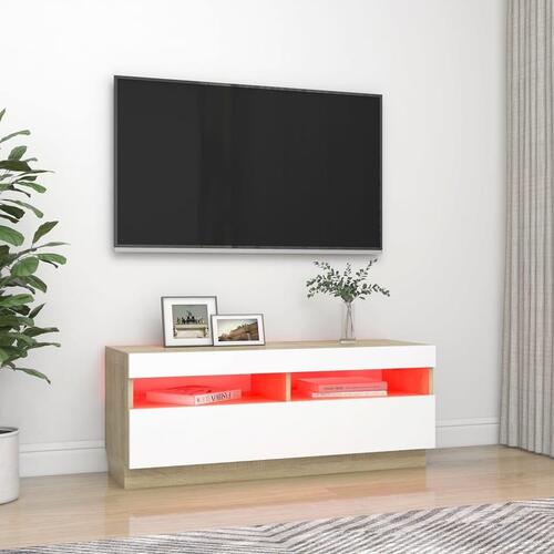 Tv-bord med LED-lys 100x35x40 cm hvid og sonoma-eg