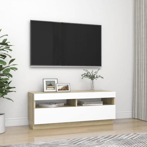 Tv-bord med LED-lys 100x35x40 cm hvid og sonoma-eg