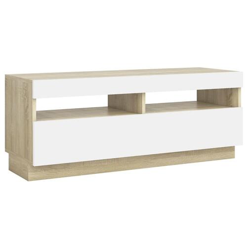 Tv-bord med LED-lys 100x35x40 cm hvid og sonoma-eg